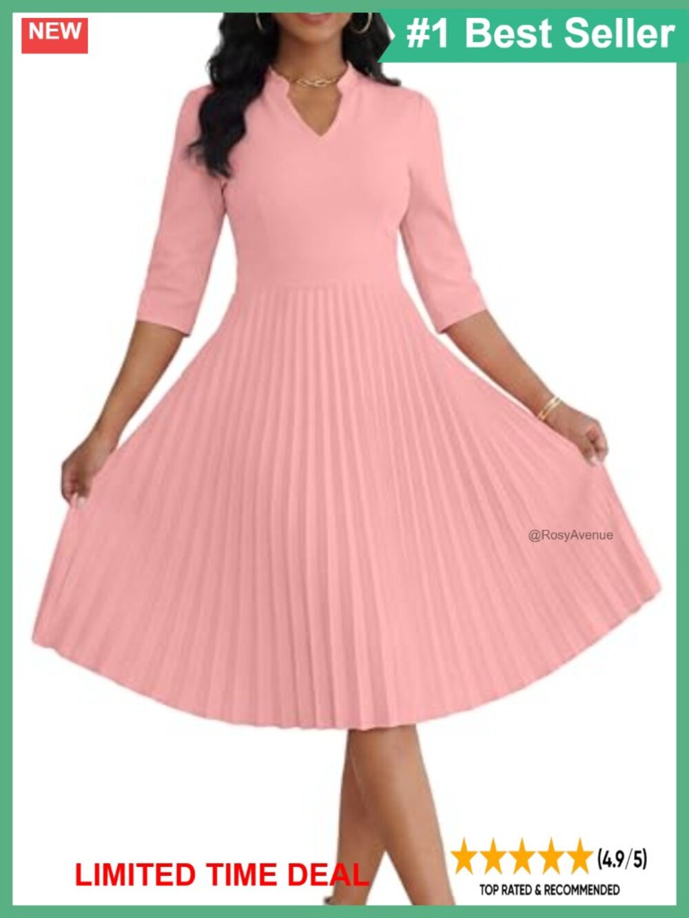Pleated Midi Dress 3/4 Sleeve V Neck Cocktail Dress with Pockets